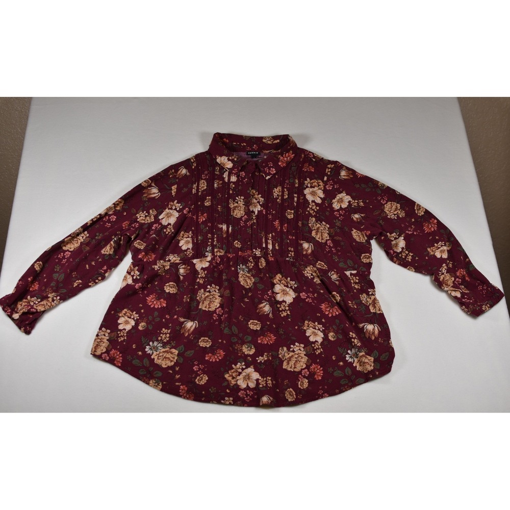 Torrid Womens 3XL Burgundy Floral Pintuck Babydoll Blouse Long Sleeve Top
